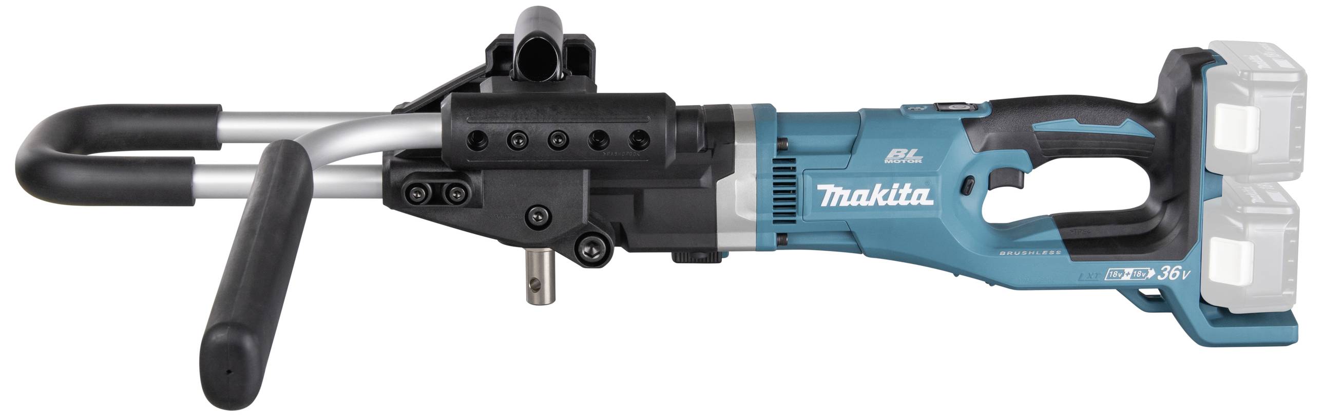 Makita SDS-Plus fúrókalapács két akkumulátor foglalattal, kék-fekete színben, oldalsó fogantyúval a jobb fogásért.