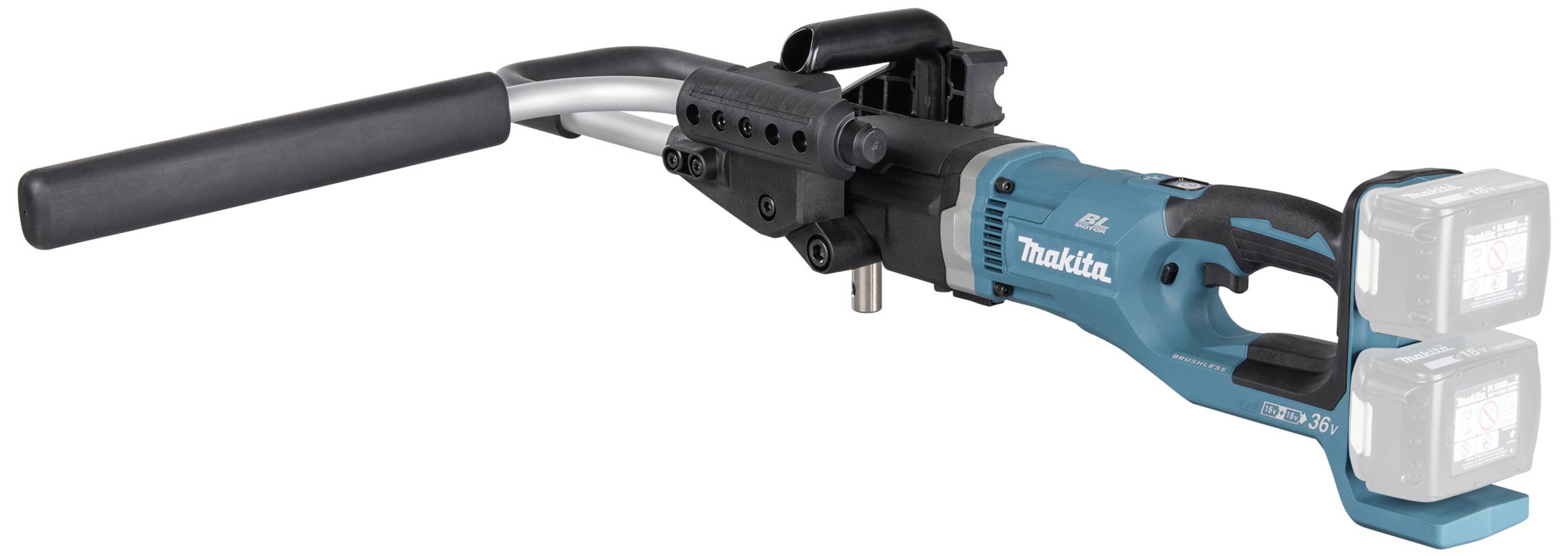 Makita akkumulátoros kézi szalagfűrész dupla akkumulátortartóval, ergonomikus markolattal és hosszú, állítható karral.