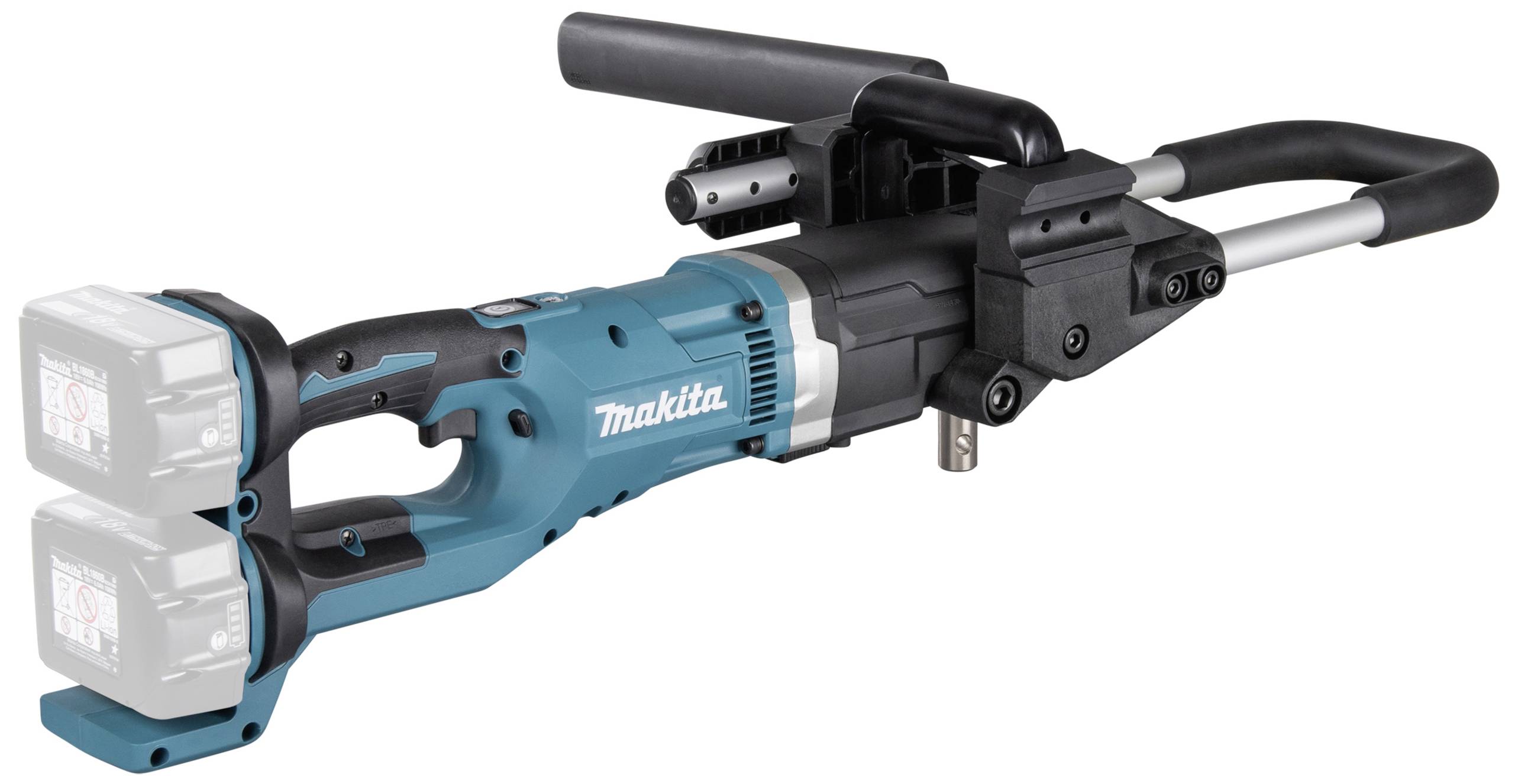 Makita akkumulátoros seprőgép, kék-fekete színben, két akkumulátorral és ergonomikus fogantyúkkal, alkalmas építkezési terület takarítására.