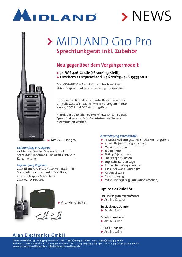 'Midland G10 Pro walkie-talkie tartozékokkal' fő jellemzők: 32 csatorna, kiterjesztett frekvenciák, továbbfejlesztett dizájn. Termékkép és tartozéklista mellékelve.