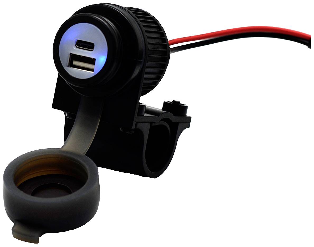 Egy kétportos USB-töltő gépjárművekhez, rúdra szerelhető, csatlakozókábelekkel.