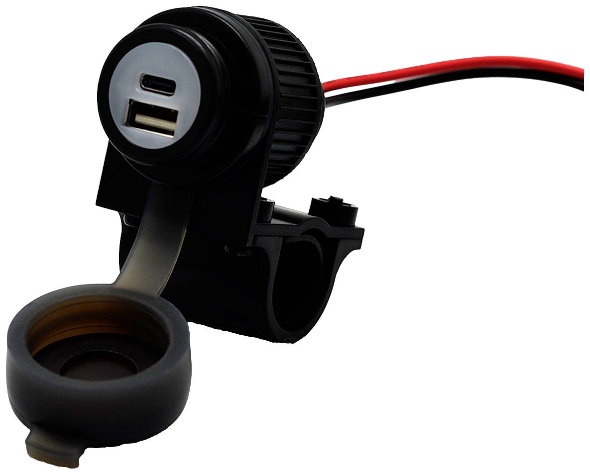 USB-C és USB-A csatlakozóval rendelkező eszköz, fekete burkolattal, tápkábellel. Elektronikai és töltési alkalmazásokhoz alkalmas.