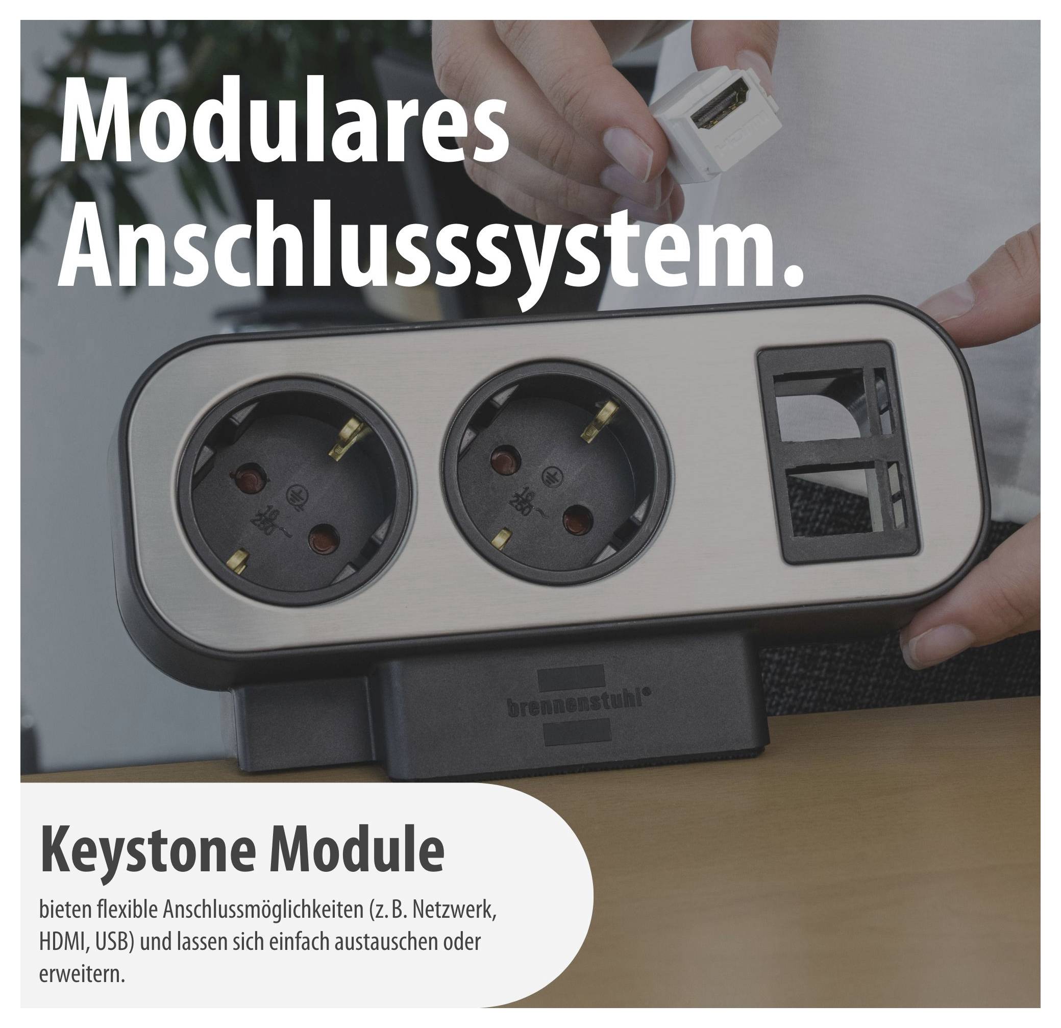 Moduláris csatlakozórendszer dugaljásokkal és cserélhető Keystone-modulokkal hálózathoz, HDMI-hez és USB-hez.