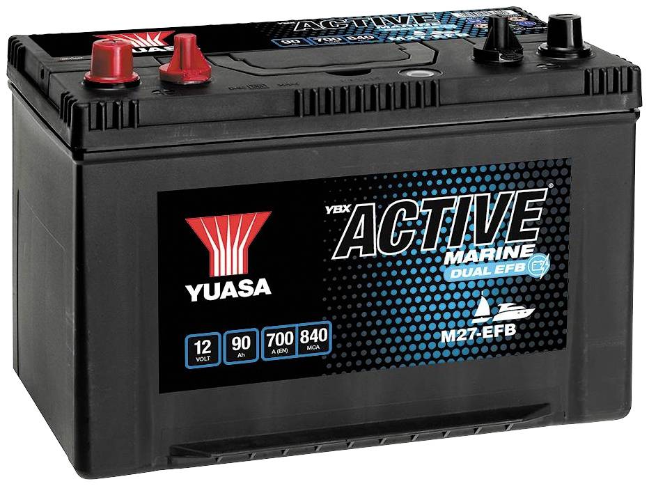 Fekete hajóakkumulátor piros és fekete csatlakozókkal. Felirata: 'Yuasa Active Marine Dual EFB'.