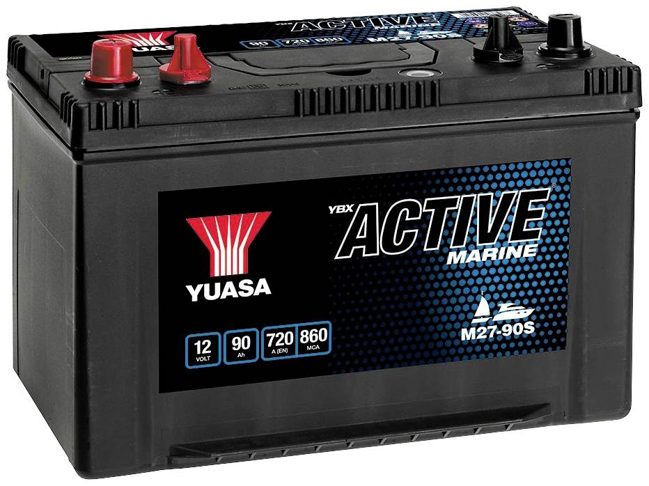 Fekete-fehér autóakkumulátor, 'Yuasa' és 'Active Marine' felirattal, 12 Volt, 90 Ah, 720 CCA.