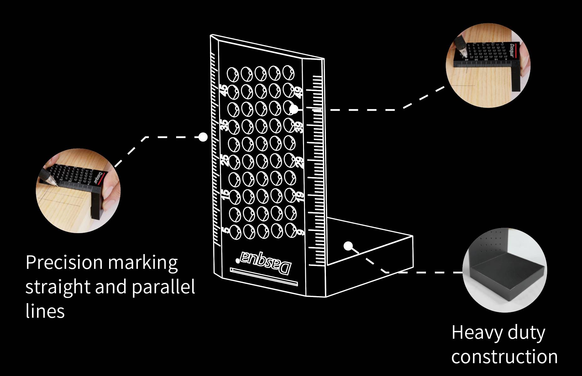 Mérőeszköz méretjelző vonalakkal a precíz jelöléshez. A részletek párhuzamos vonalakat és robusztus kivitelt mutatnak. Ideális pontos mérésekhez.