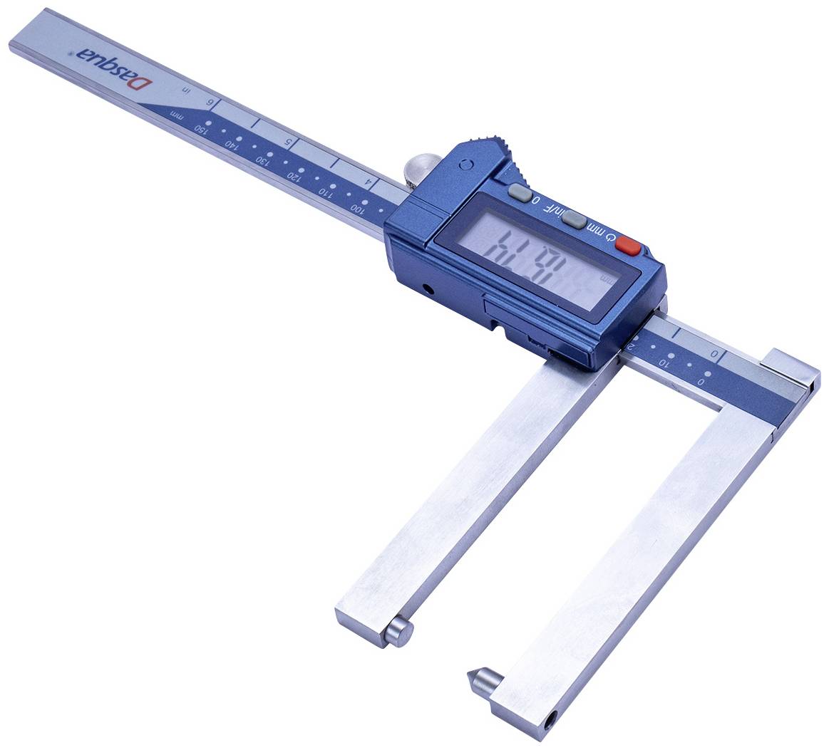 Digitális tolómérő '156,91' értéket mutat LCD-kijelzőjén. A kék fémből készült eszköz kezelőgombokkal rendelkezik. Precíziós mérésekre használják.