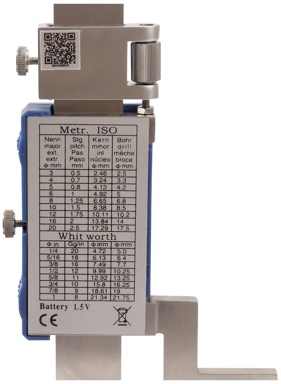 Mérőeszköz táblázattal és skálával fúrólyuk méretekhez metrikus és birodalmi egységekben, QR-kóddal a tetején.