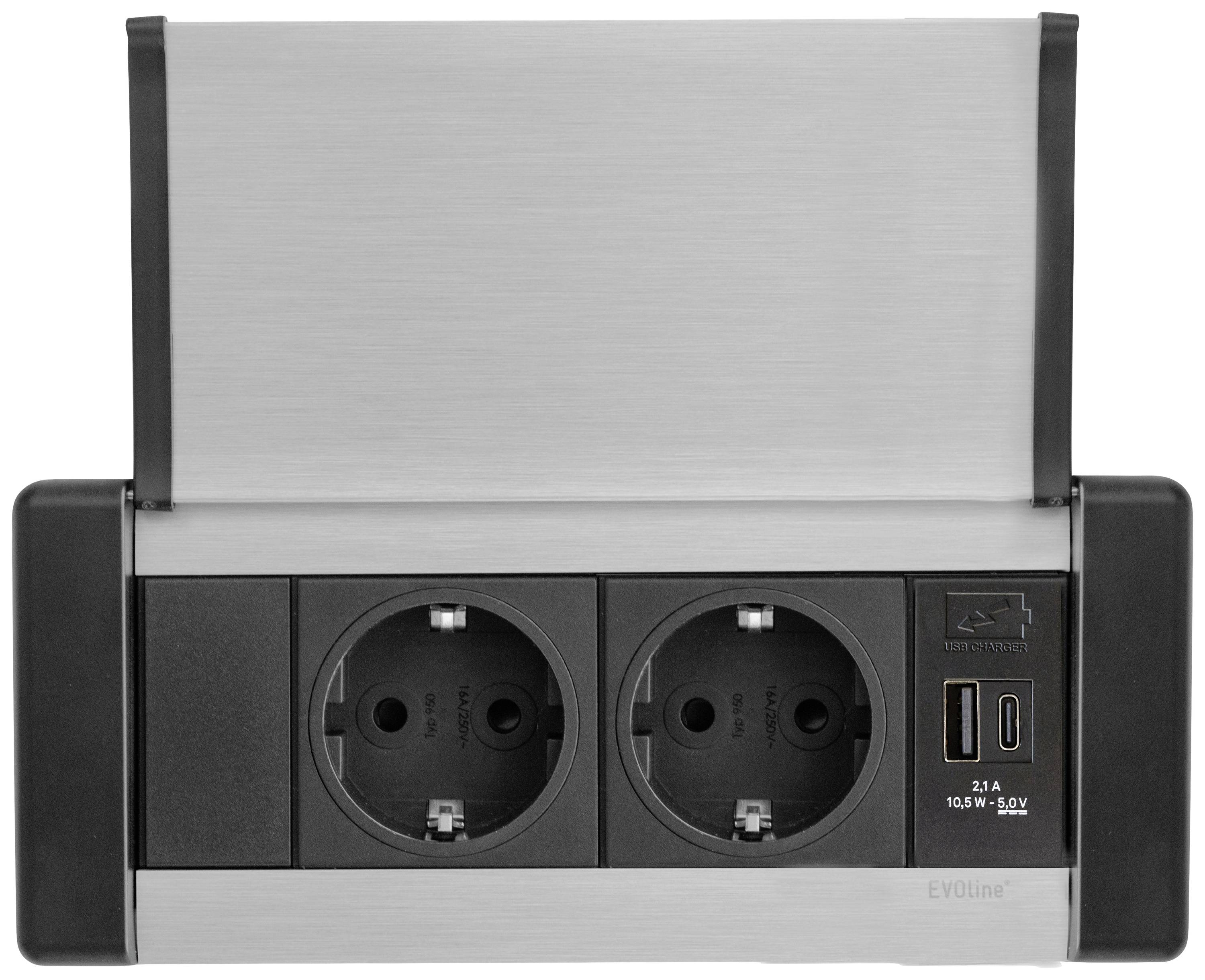 Kompakt elosztó két Schuko típusú aljzattal és két USB töltőcsatlakozóval, ezüstszínű házban, irodai munkahelyekre alkalmas.