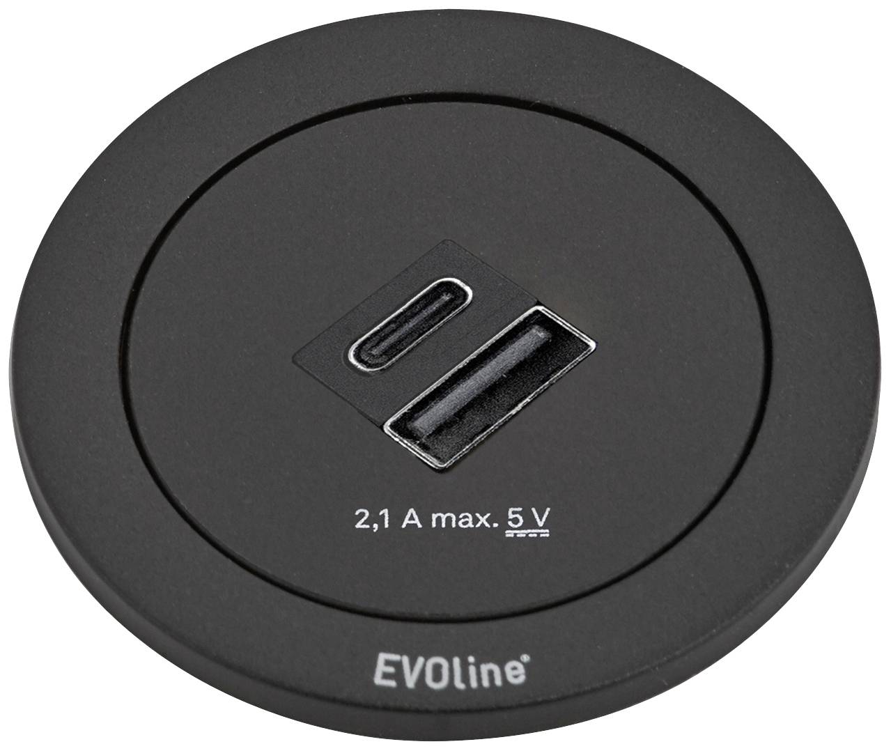 Fekete, kerek EVOline típusú dugalj USB-csatlakozóval, '2,1 A max. 5 V' felirattal, bútorokba vagy munkafelületekbe történő beépítésre.