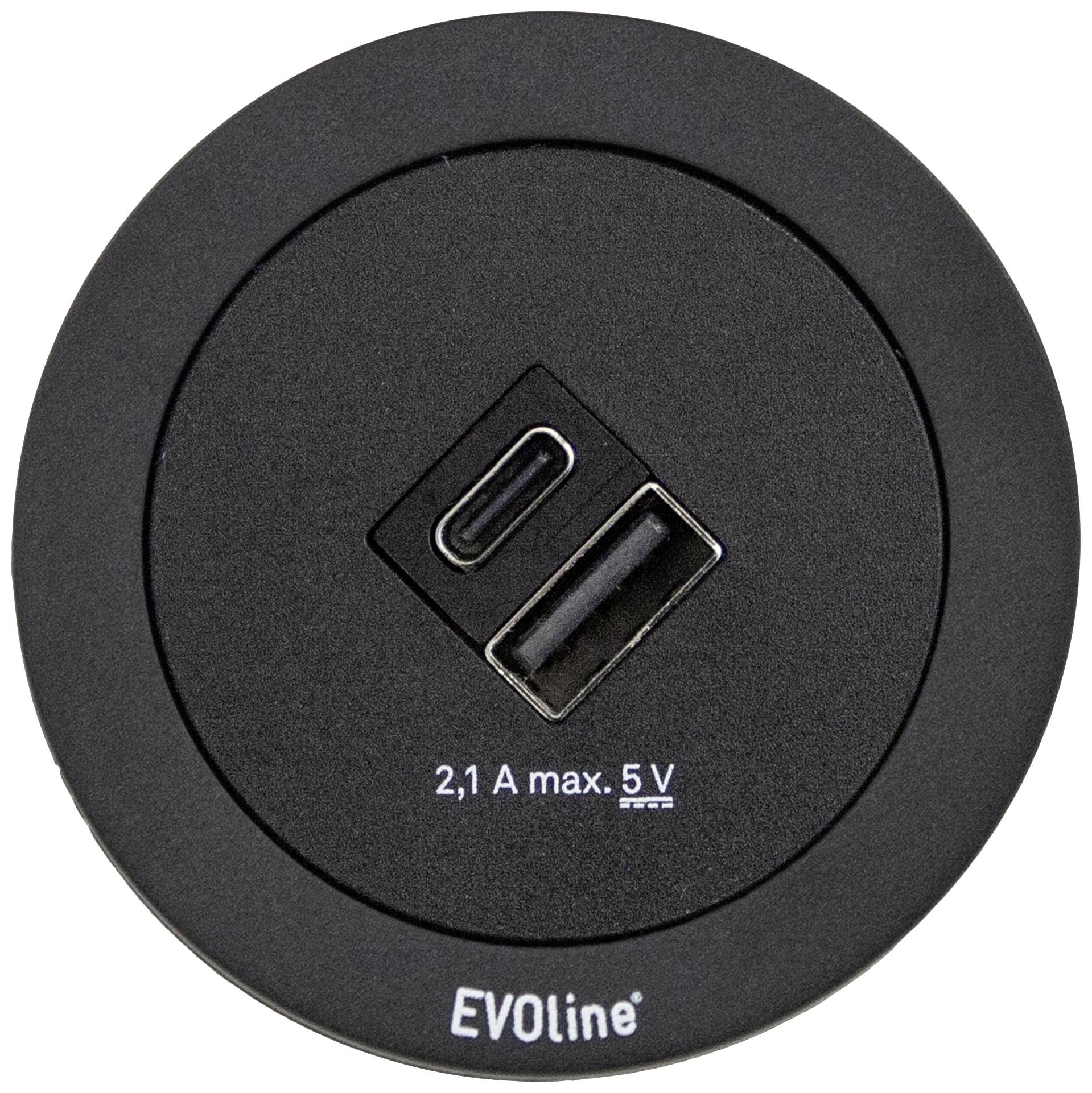Kerek, fekete eszköz USB-csatlakozókkal, amelyen '2,1 A max. 5 V' felirat és az 'EVOline' márka szerepel.