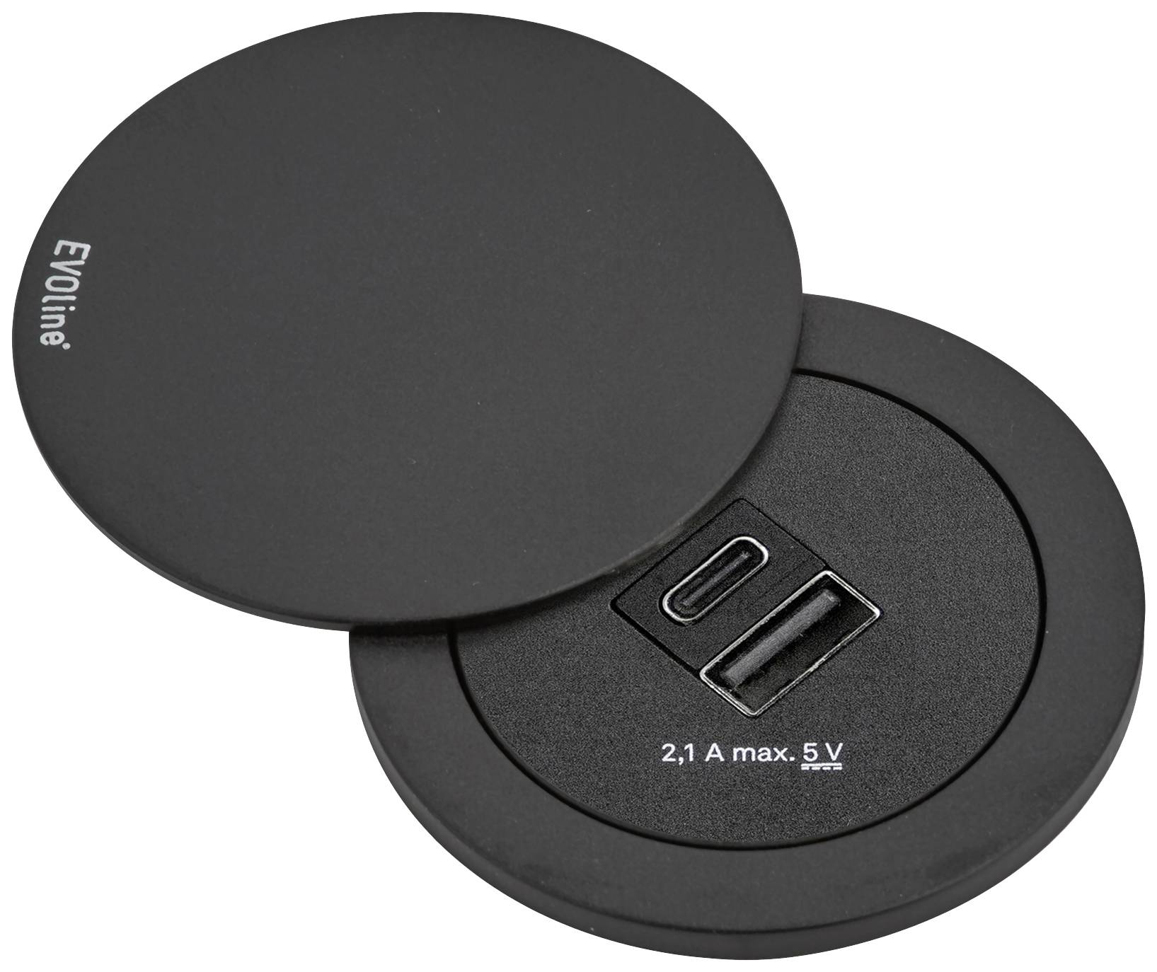 Fekete USB-töltőcsatlakozó két porttal, egy USB-C és egy USB-A számára, kerek panelen lévő '2,1 A max. 5 V' felirattal.