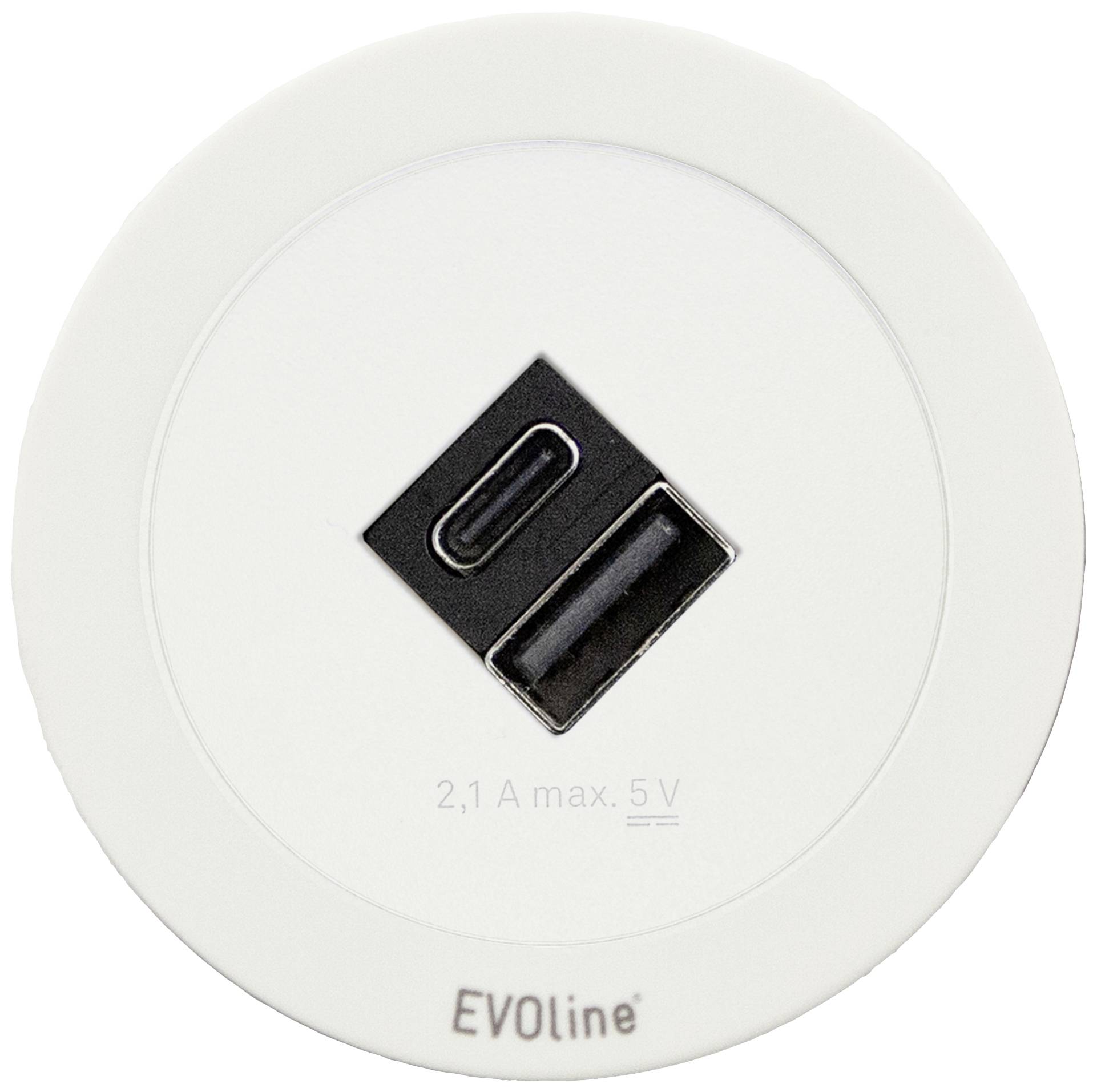 Egy kerek, fehér USB-aljzat két porttal a tetején: egy USB-A és egy USB-C csatlakozóval. A felirat '2,1 A max. 5 V'-t mutat.