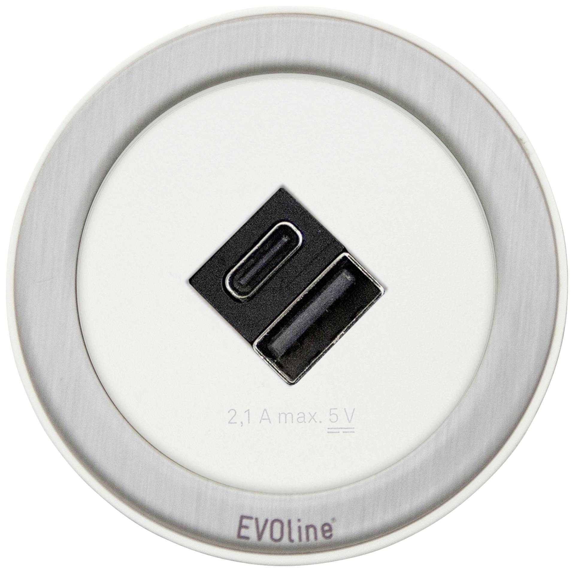 Kerek dugalj két USB-csatlakozóval, '2,1 A max. 5 V' felirattal, EVOline márka. Alkalmas eszközök töltésére.