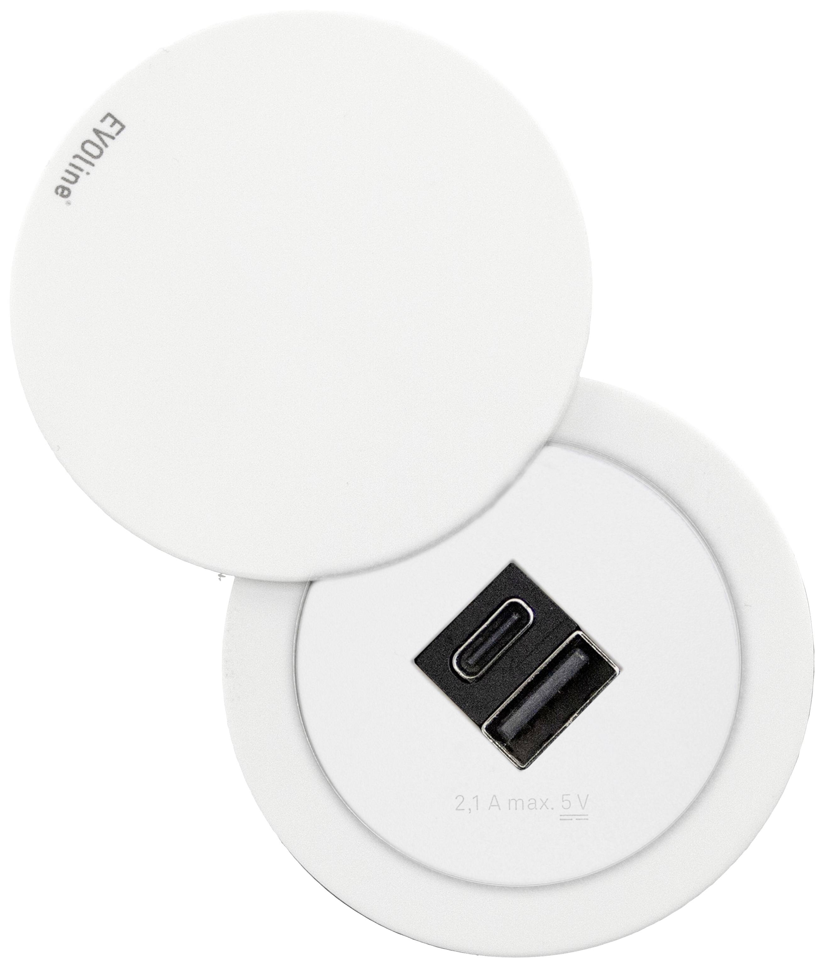Kerek, fehér asztali csatlakozóaljzat USB- és USB-C-portokkal, nyitott állapotban ábrázolva. Teteje az 'Evoline' felirattal.