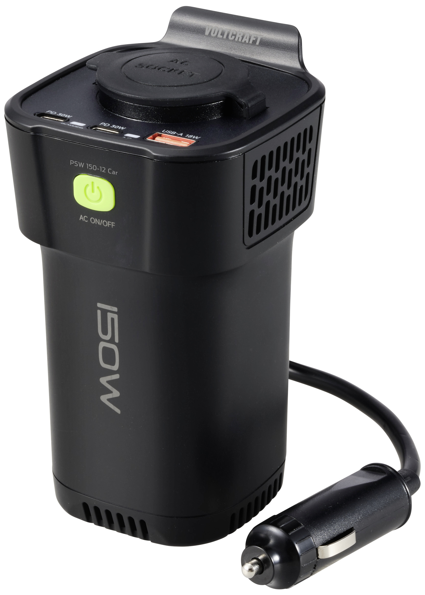 Egy fekete 150 wattos inverter zöld be-/kikapcsolóval, USB- és hálózati csatlakozóval, valamint egy autós töltőadapter-kábellel.