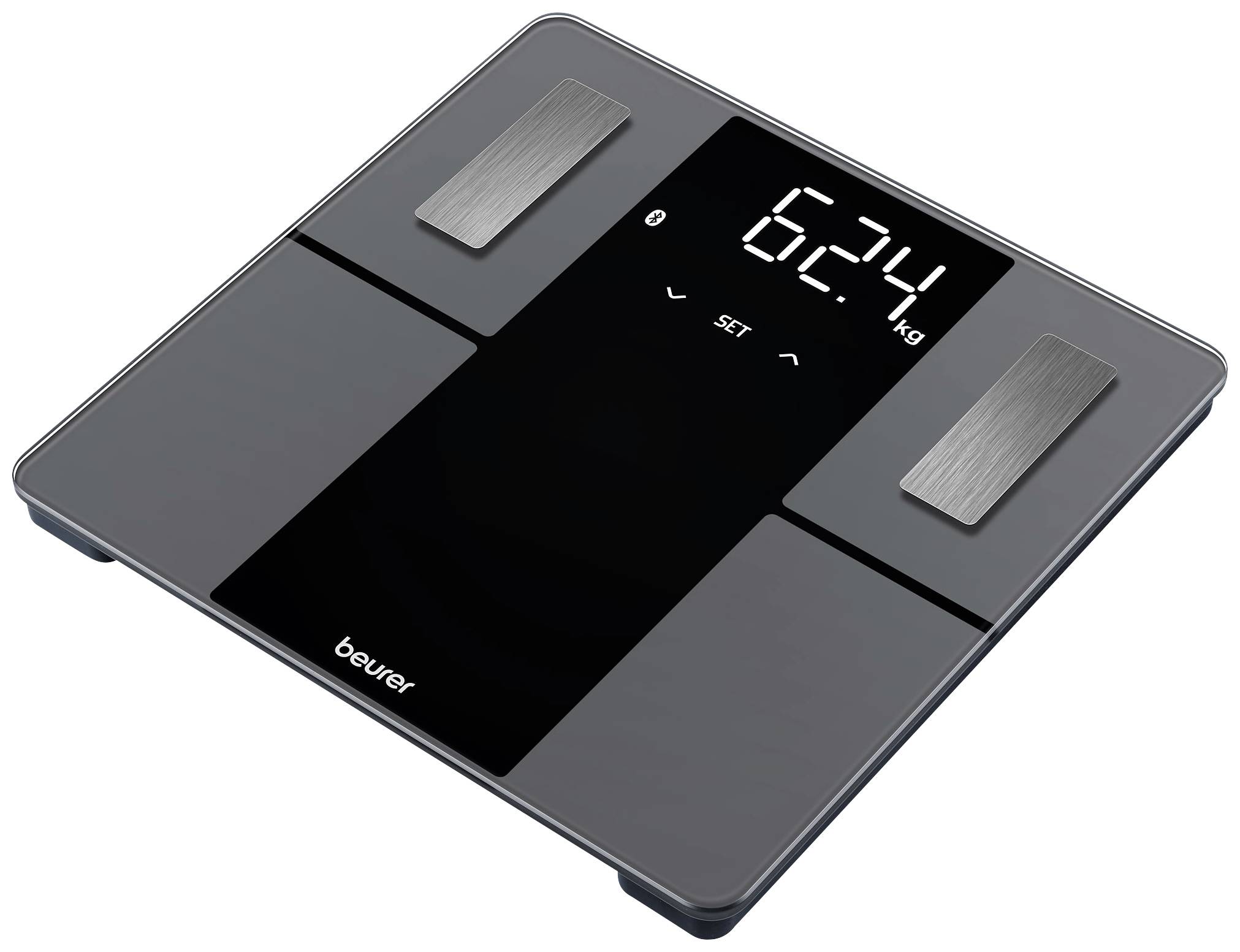 Digitális személyi mérleg nagy kijelzővel, mutatja a '62,4 kg'-ot. Modern dizájn nemesacél felületekkel.