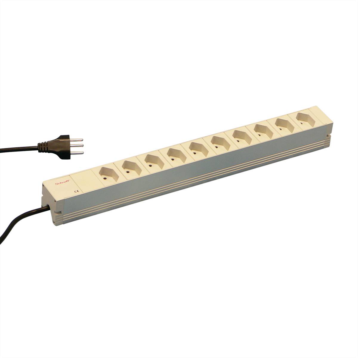 Egy fehér, tíz csatlakozóhelyes elosztó, hálózati kábellel és csatlakozódugóval, elektromos csatlakozások bővítésére.