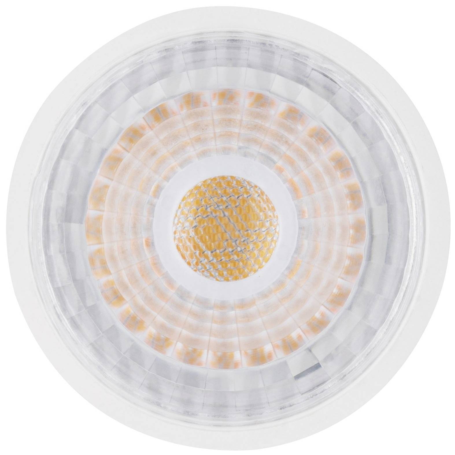 Egy LED-lámpa közelképe kerek formában, központi sárga fényszóróval és körülötte körszerű struktúrákkal.