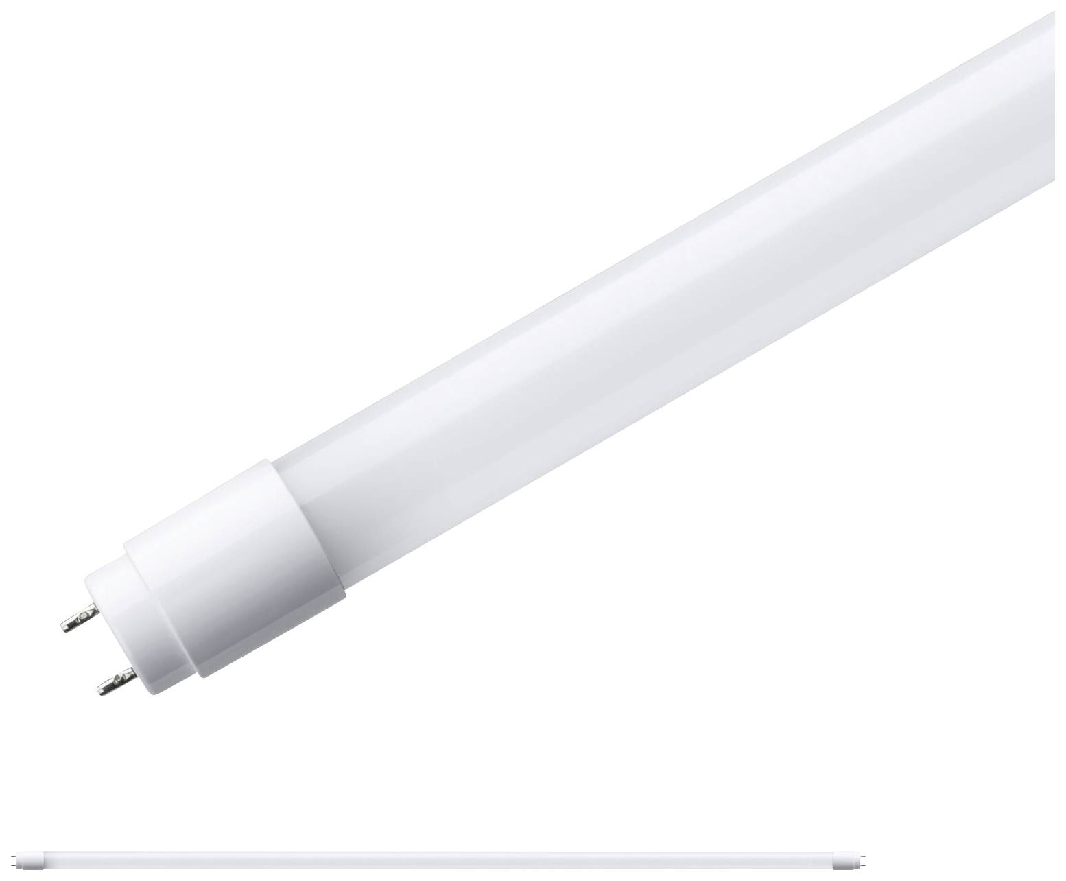 Egy fehér LED-cső két fémcsatlakozóval az egyik végén, átlósan ábrázolva. Alkalmas világítási rendszerekben történő felhasználásra.