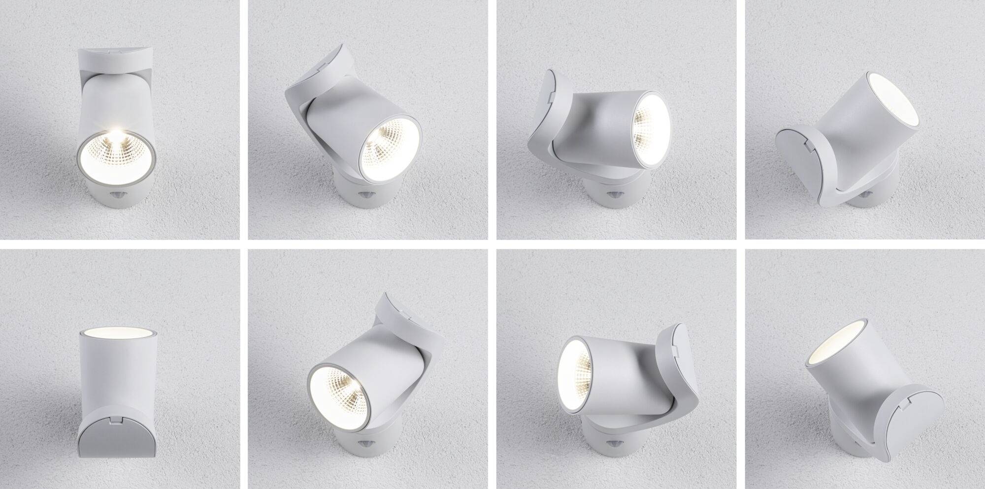 Egy fehér, modern LED-mennyezeti lámpa különböző nézetei. A lámpa különböző szögekben és megvilágítási irányokban van felszerelve.