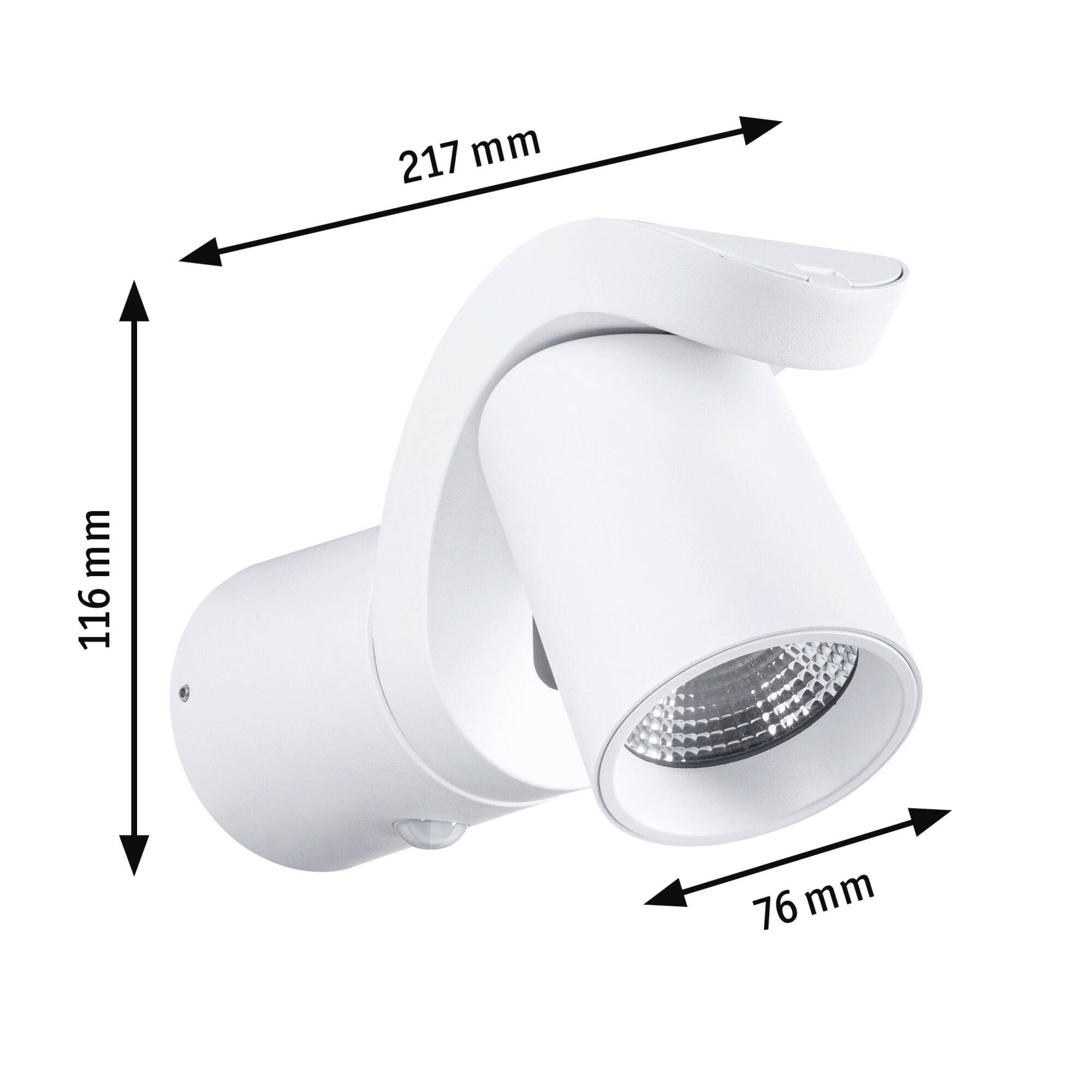 Fehér LED-fali lámpa állítható spotlámpával. Méret: 217 mm hosszúság, 116 mm magasság, 76 mm szélesség. Beltéri használatra alkalmas.