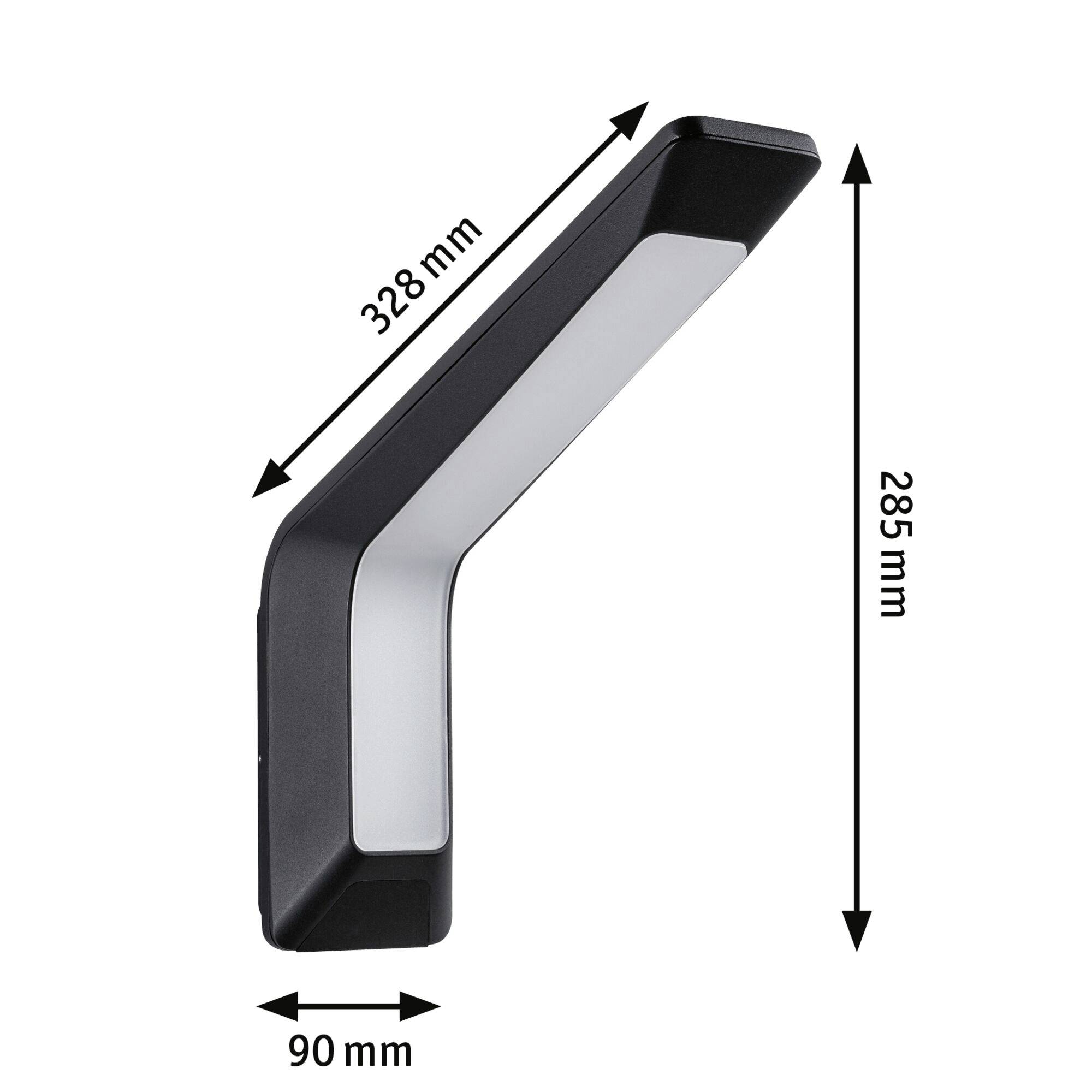 Modern fekete fali lámpa a következő méretekkel: hosszúság 328 mm, szélesség 90 mm, magasság 285 mm. Ideális belső és külső terekhez egyaránt.