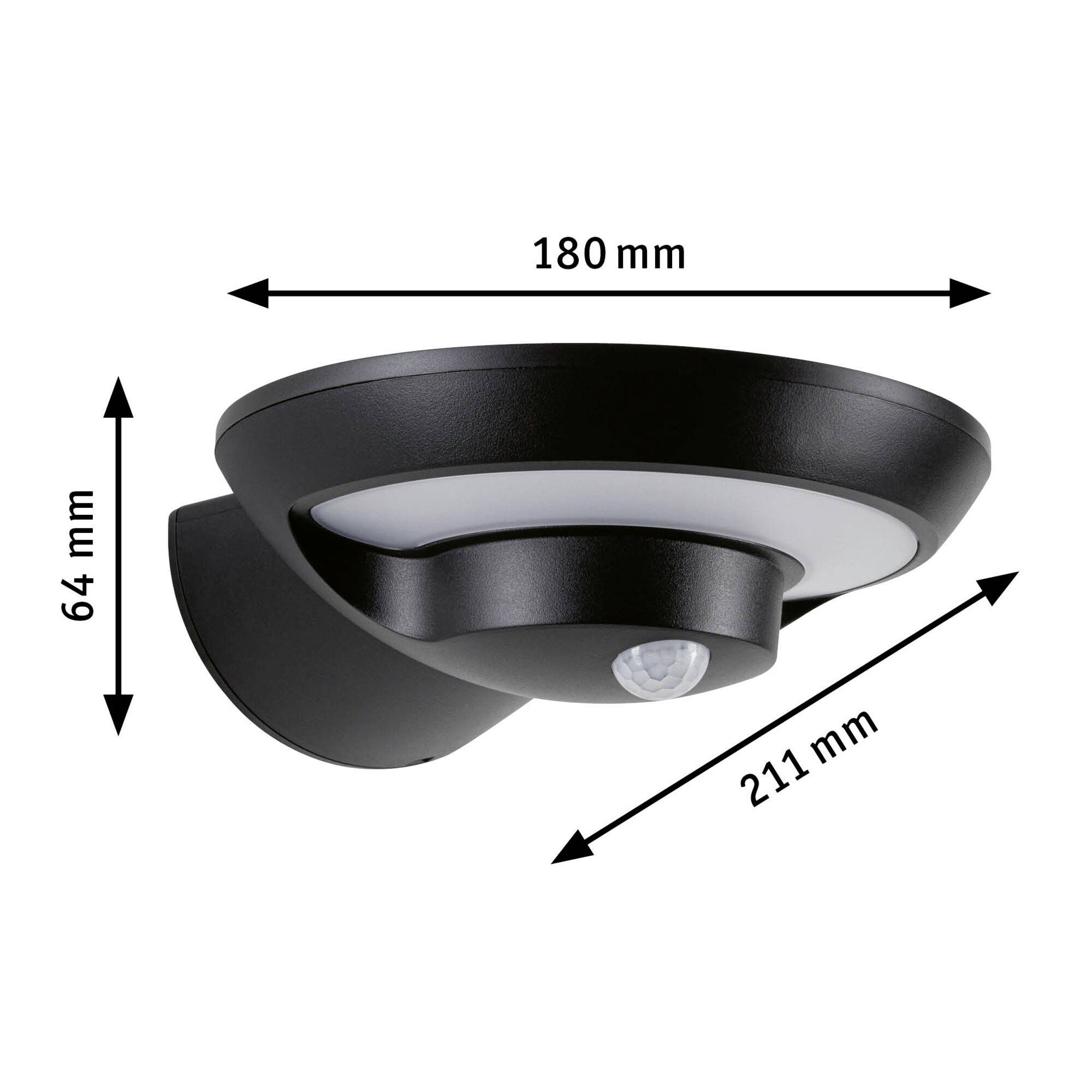 Fekete kültéri lámpa mozgásérzékelővel. Méretei: szélesség 180 mm, mélység 211 mm, magasság 64 mm. Félköríves dizájn.