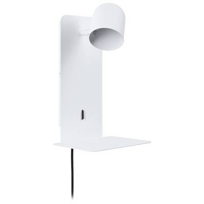 Fehér, modern fali lámpa beépített polccal és kábellel, minimalista stílusban tervezve.