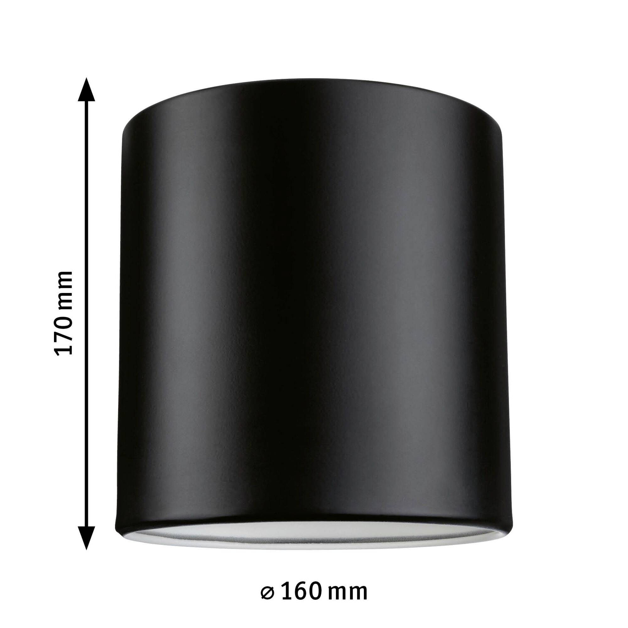 Fekete hengeres mennyezeti lámpa, 170 mm magas és 160 mm átmérőjű.