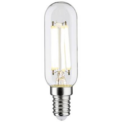 Egy világító, E14-es foglalatú átlátszó LED-izzó.