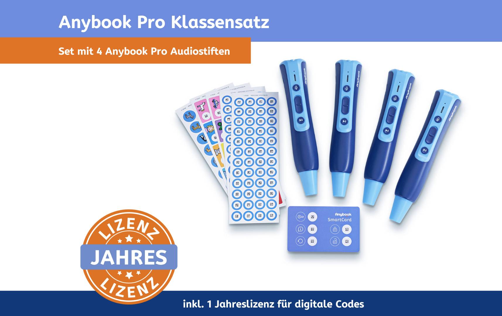 Anybook Pro osztálykészlet 4 hangos tollal, digitális kódokkal és licenckártyával, beleértve 1 éves digitális kód licencet.