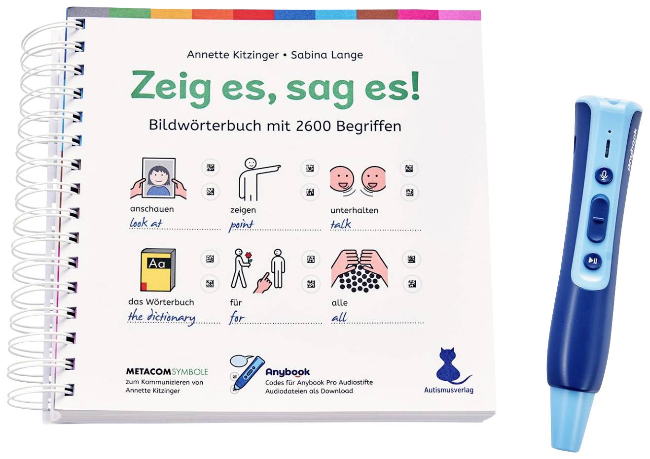 Egy spirálkötésű képes szótár, amelynek címe 'Mutasd meg, mondd el!'. Német és angol szimbólumokat és fogalmakat tartalmaz. Mellette egy kék hangos toll.