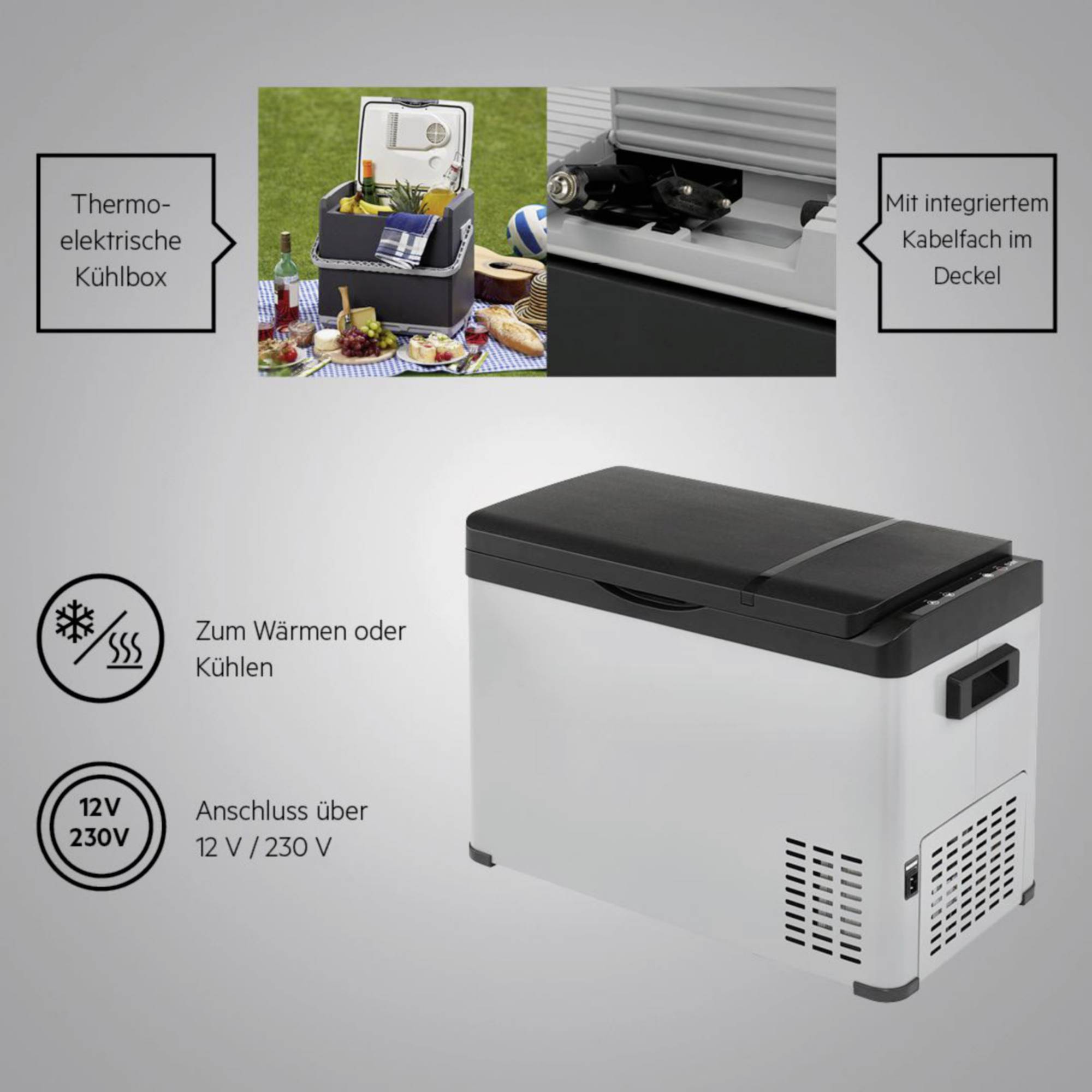 Hőelektromos hűtőtáska két képpel: Piknik nyitott hűtőtáskával és kábel a beépített rekeszben. Funkció: Hűtés/Melegítés.