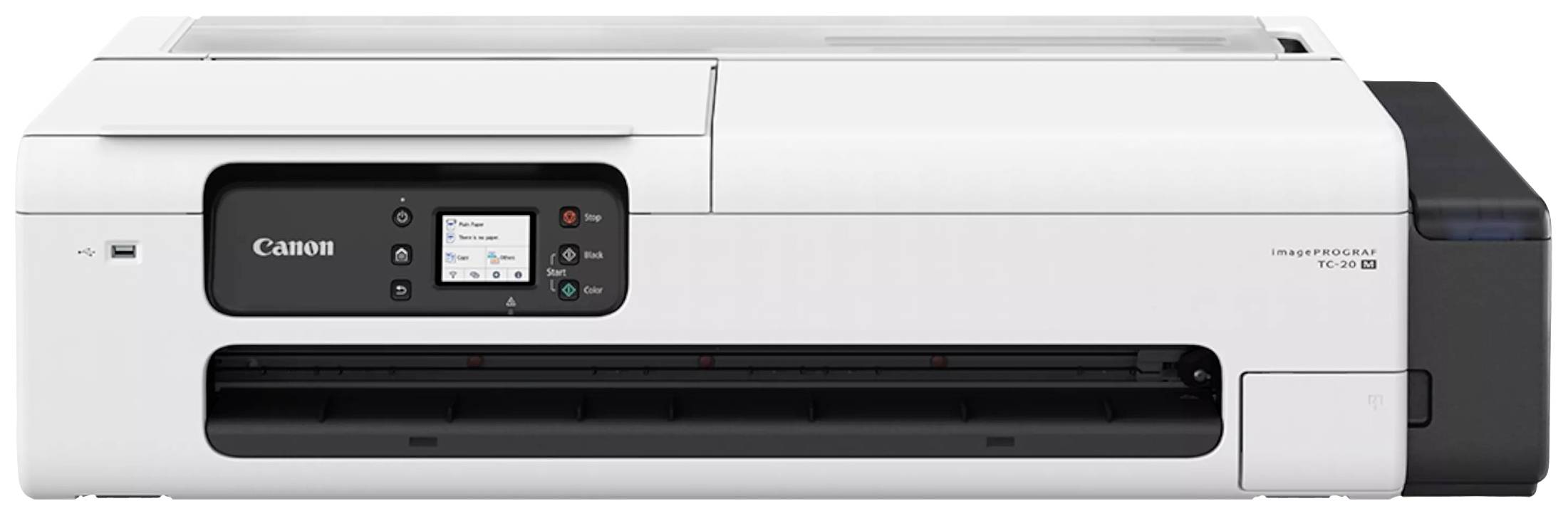 Egy fehér Canon nyomtató digitális kijelzővel, irodai használatra alkalmas. Karcsú dizájnnal és sokféle funkcióval rendelkezik.