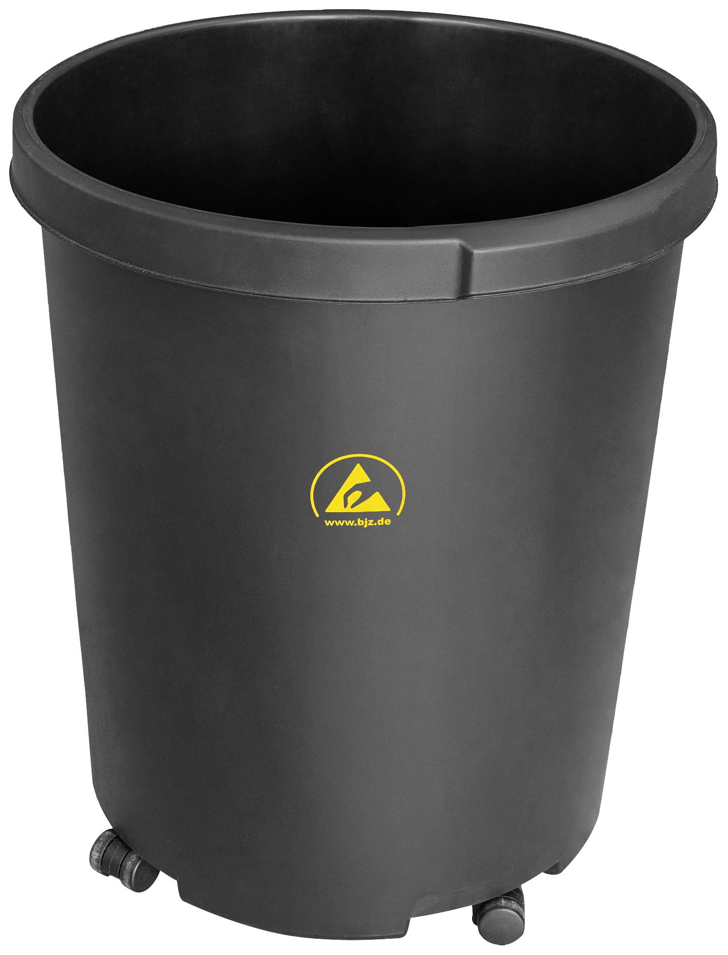 Egy nagy, kerek, fekete gurulós szemétkonténer, sárga logóval a közepén. A konténer felállítva áll.