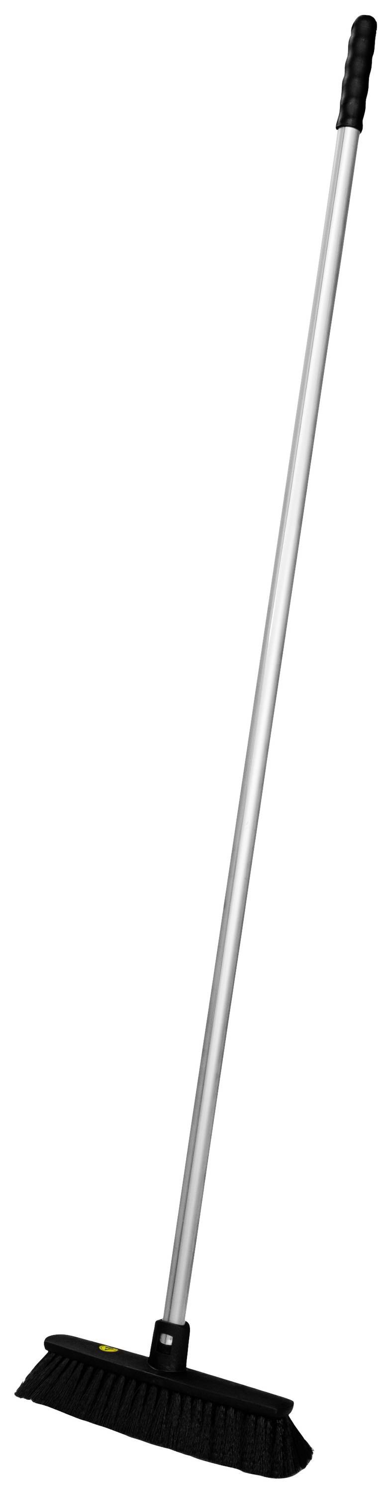 Egy hosszú fémnyélű, fekete sörtéjű seprű, amelyet padlók söprésére használnak.