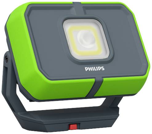Hordozható LED-reflektor zöld és szürke színben, Philips márka, állítható állványon rögzítve.