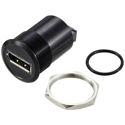 Egy fekete USB-csatlakozó adapter O-gyűrűvel és rögzíthető hatszögletű anyával.