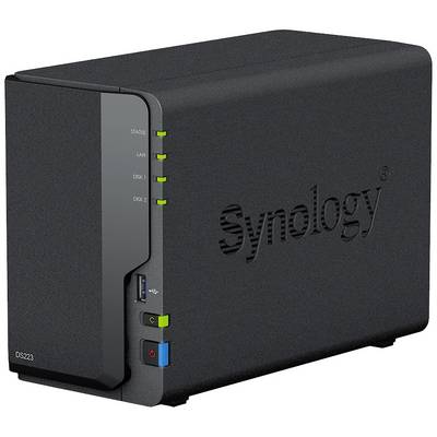 Egy fekete NAS-eszköz Synology-logóval, az elülső oldalán a 'DS223' modell típusjelzéssel, állapotjelző, LAN és két merevlemez LED-del.