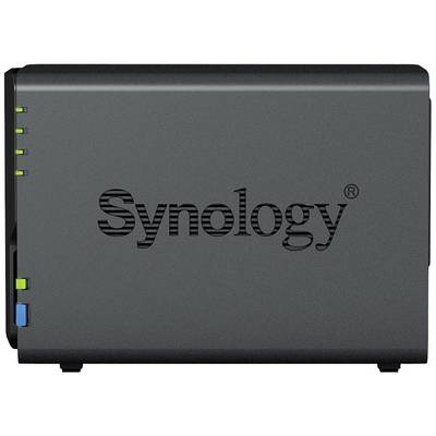 Hálózati tárolóeszköz Synology logóval az elején, több LED-jelzőfény a bal oldalán.