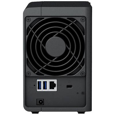 Egy tároló eszköz hátoldala ventilátorral, két USB-csatlakozóval, egy LAN-csatlakozóval és egy tápcsatlakozóval.