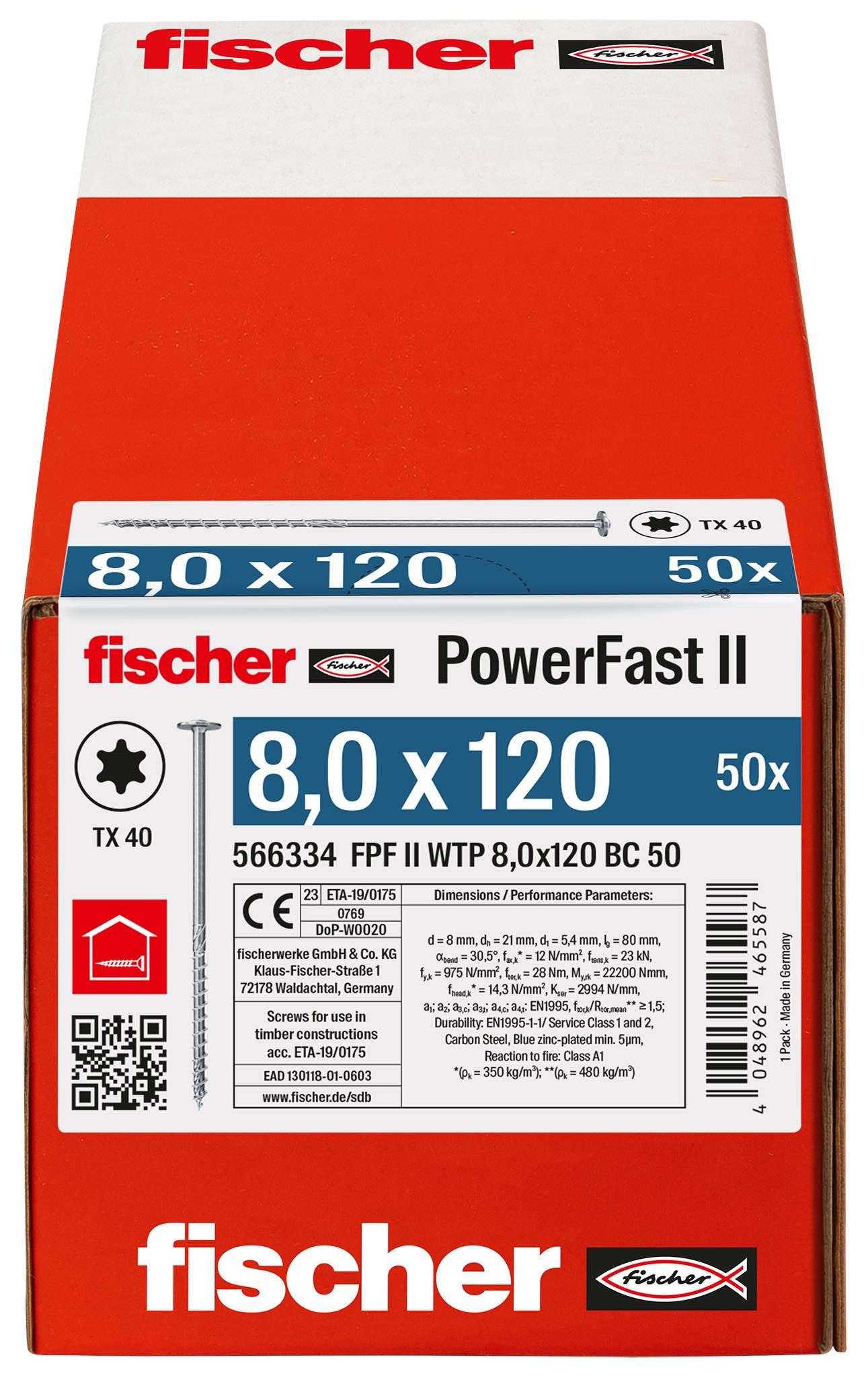 Egy piros Fischer PowerFast II doboz 50 darab TX40 csavarral, amelyen a 8,0 x 120 felirat, valamint a termékinformációk és vonalkód szerepel az elején.