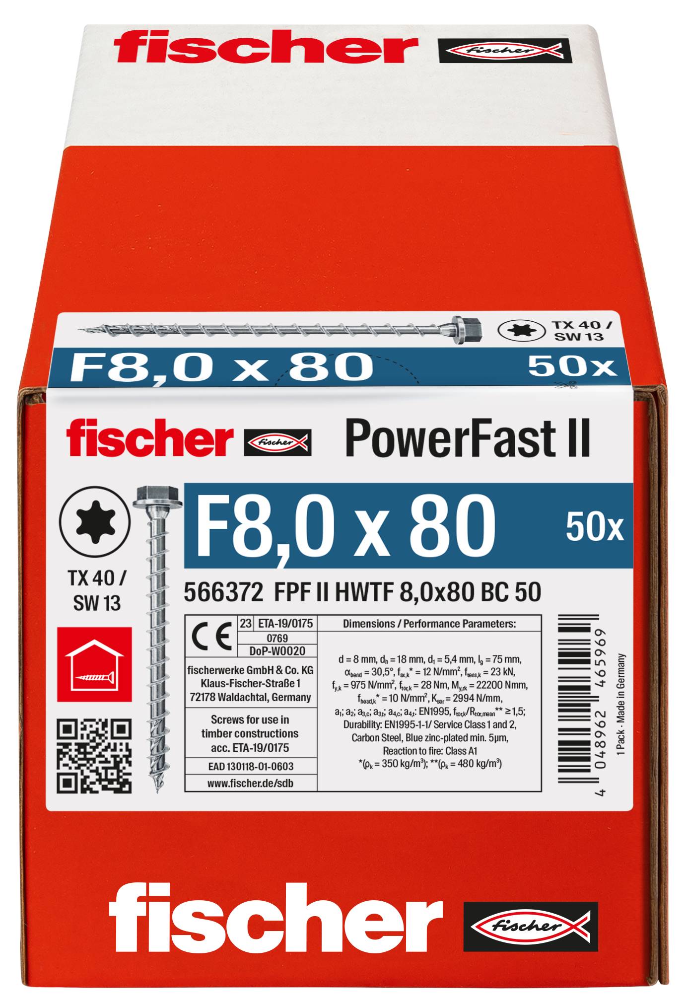 Egy piros Fischer PowerFast II doboz 50 db F8,0 x 80 csavarral, látható termékcímkékkel és vonalkóddal.