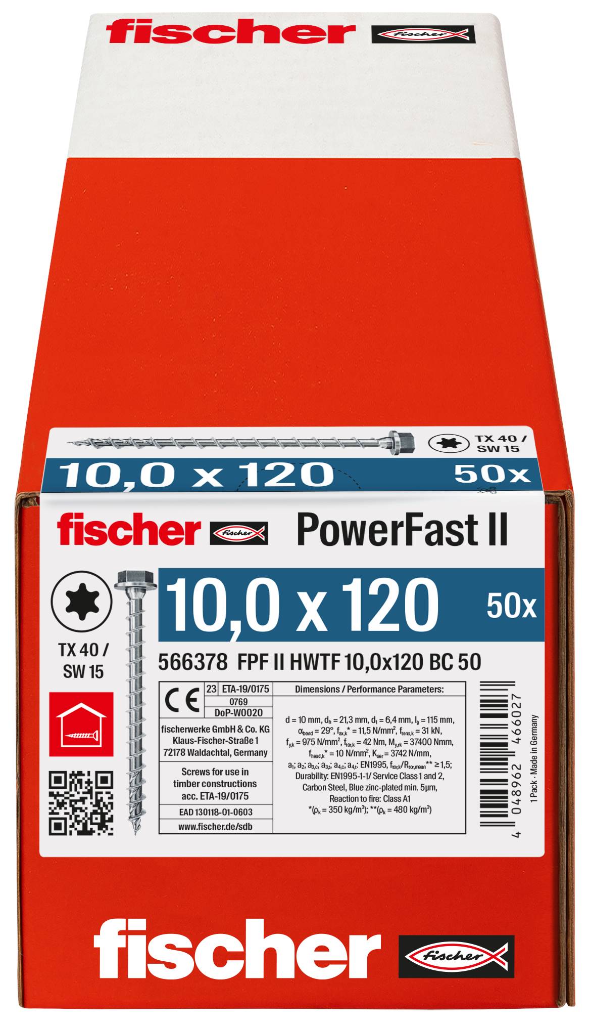 Fischer PowerFast II csavarok, 10.0 x 120 méret, 50 darab, termékcímkével és QR-kóddal.