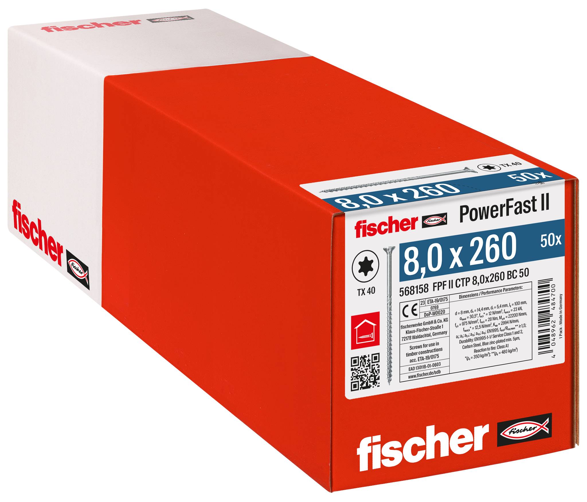 Fischer 568158 PowerFast II Süllyesztett facsavarok 8 mm 260 mm Belső négyfog Acél Galvanikusan cinkezett 50 db