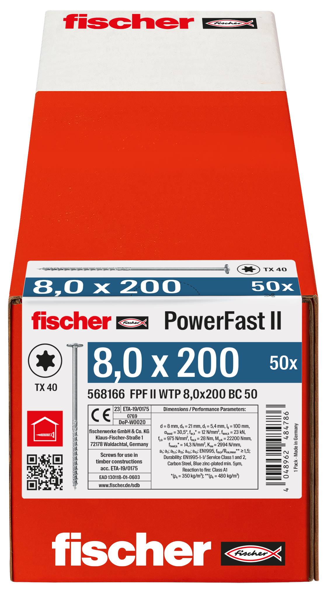 Fischer PowerFast II csavarok csomagolása, amely egy piros-fehér dobozra nyomtatott "8.0 x 200" és "50x" felirattal.
