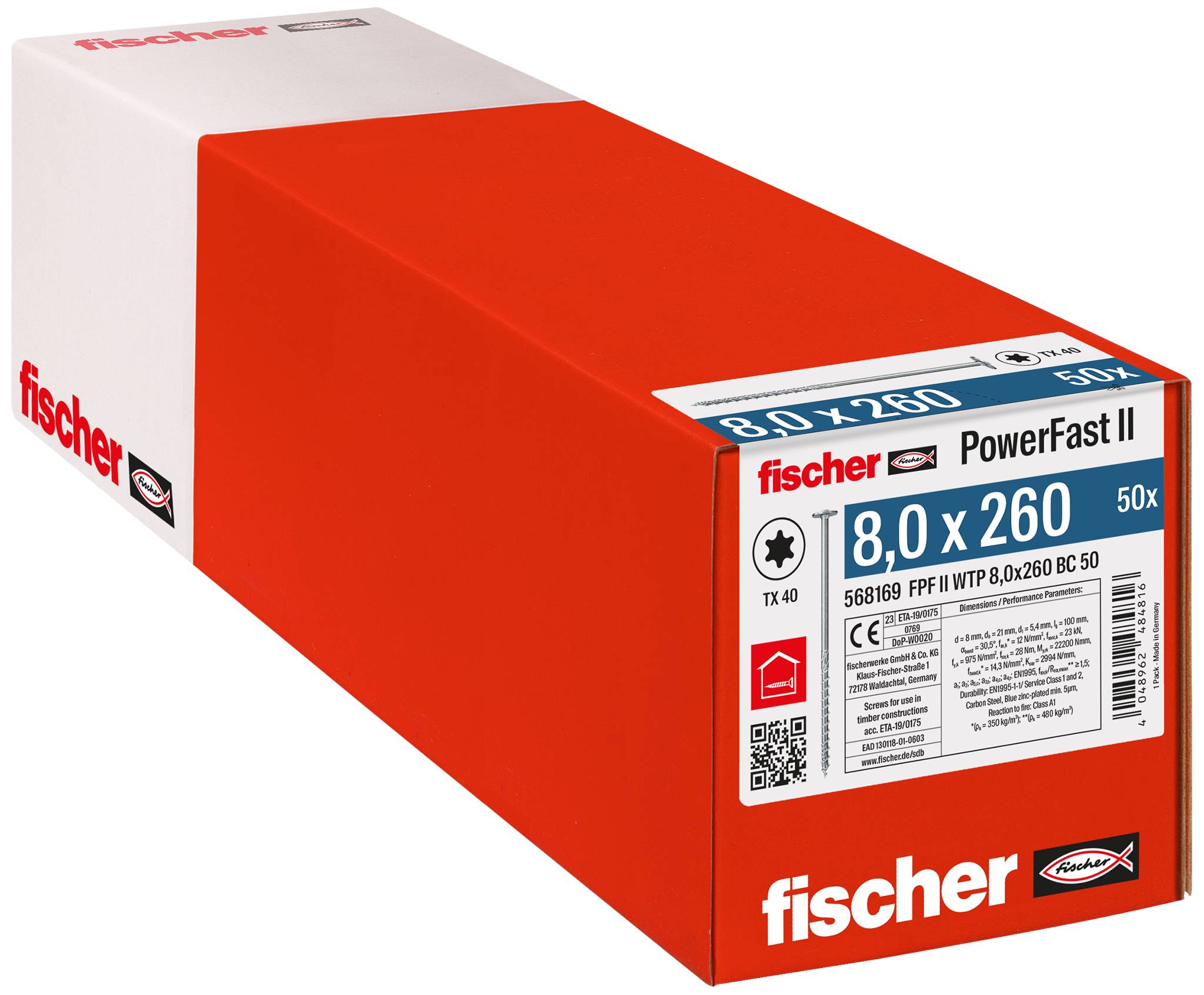 Fischer 568169 PowerFast II Tányércsavarok 8 mm 260 mm Belső négyfog Acél Galvanikusan cinkezett 50 db
