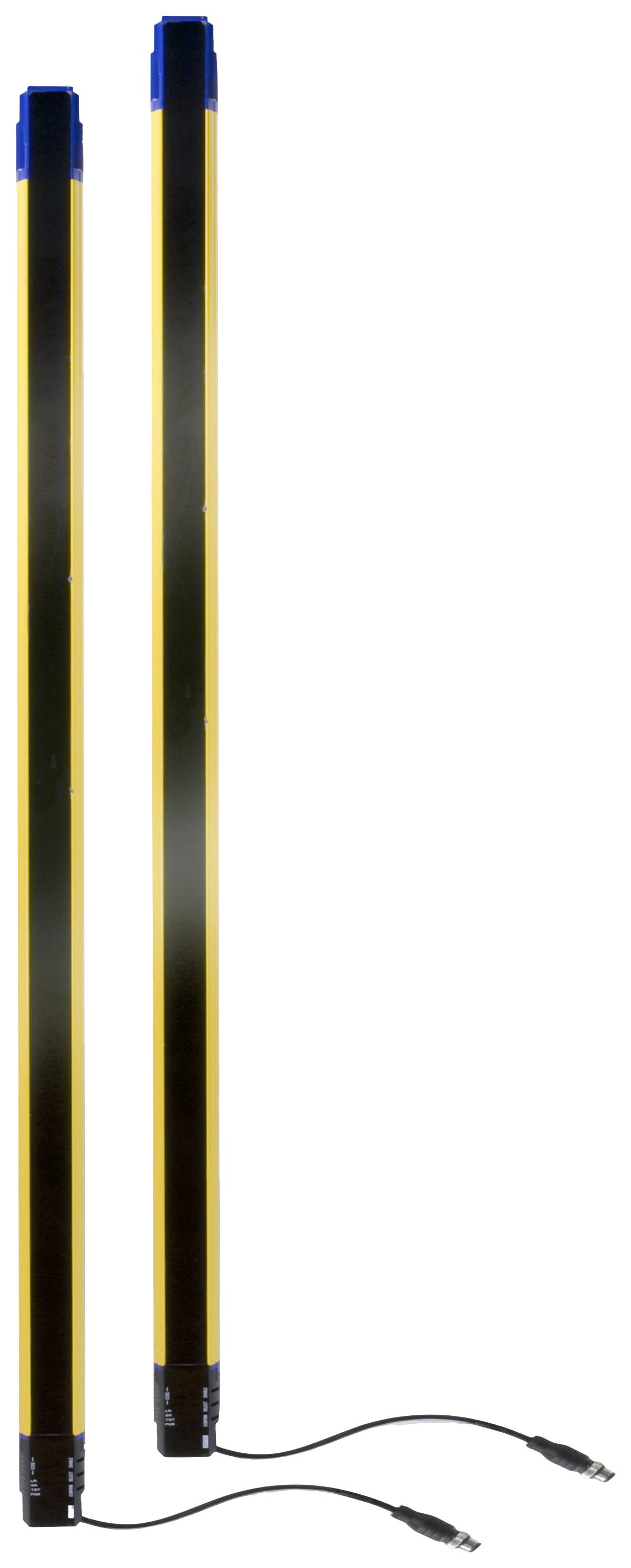 Két sárga-fekete biztonsági fénysorompó kék végekkel és csatlakoztatott kábelekkel gépek védelmére.