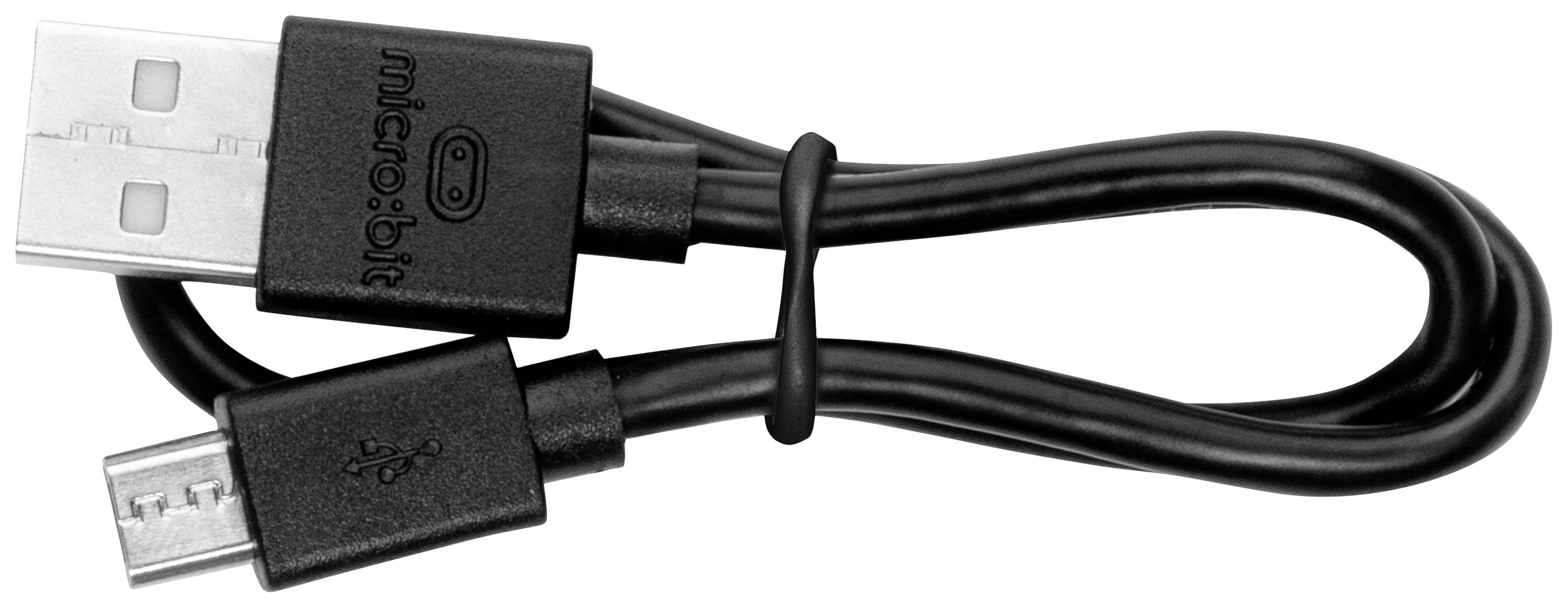 Fekete USB-kábel micro:bit logóval, USB-A csatlakozóval és Micro-USB véggel elektronikus eszközökhöz.